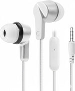 White earphones with a microphone on a white background