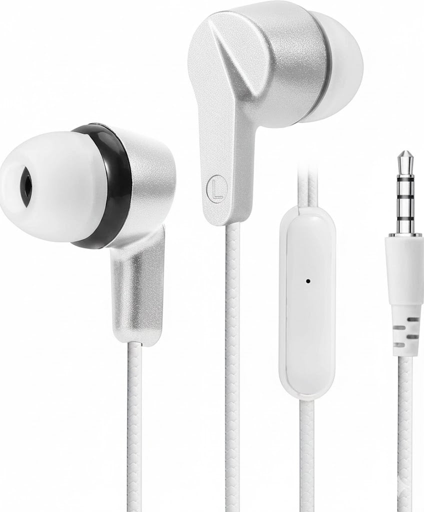 White earphones with a microphone on a white background