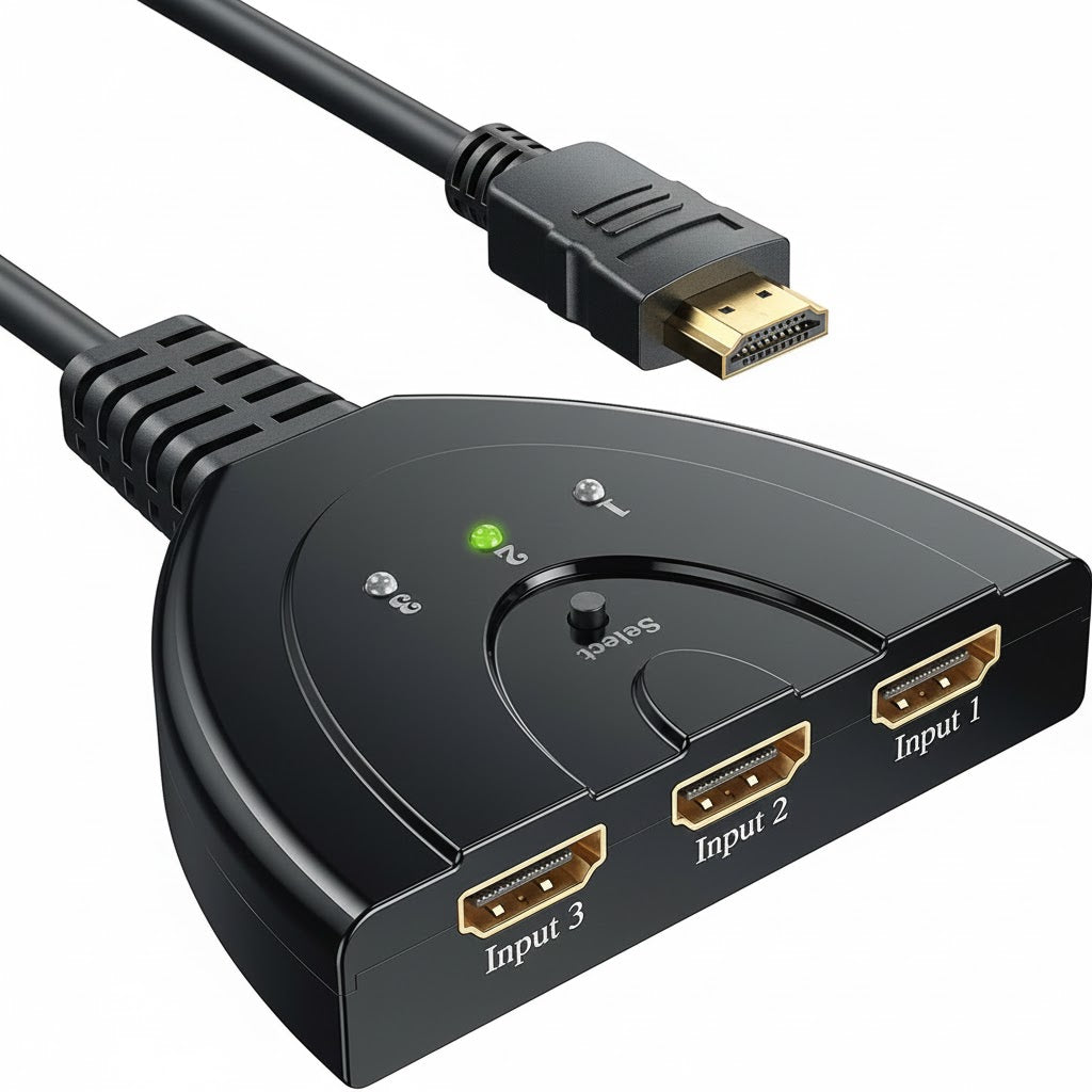 HDMI switcher with three input ports and a cable on a white background