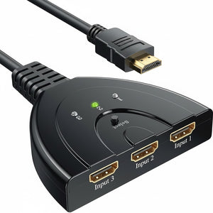 HDMI switcher with three input ports and a cable on a white background