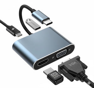 Multifunctional adapter with HDMI, VGA, and USB-C connectors on a white background