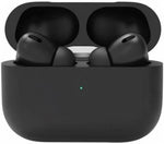 Black wireless earbuds in a charging case on a white background