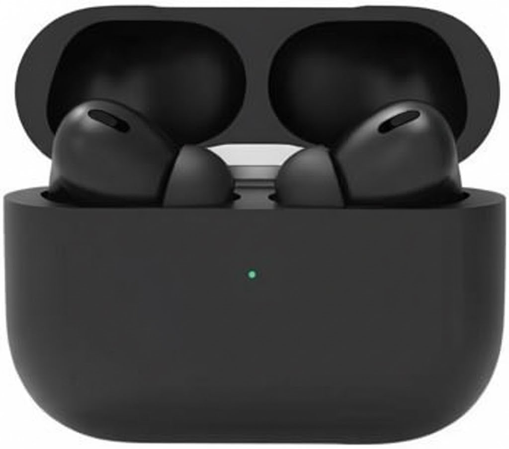 Black wireless earbuds in a charging case on a white background
