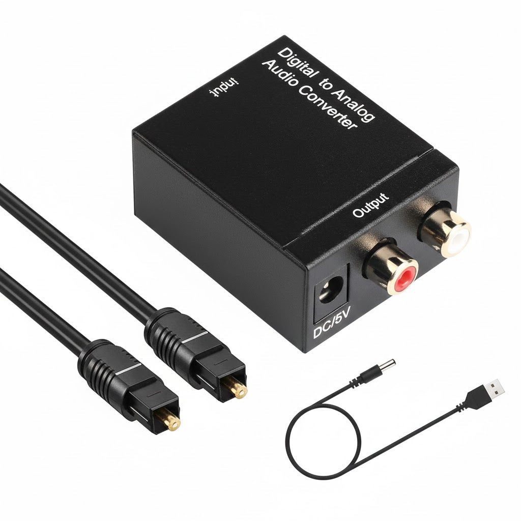 Digital to Analog Audio Converter with cables on a white background