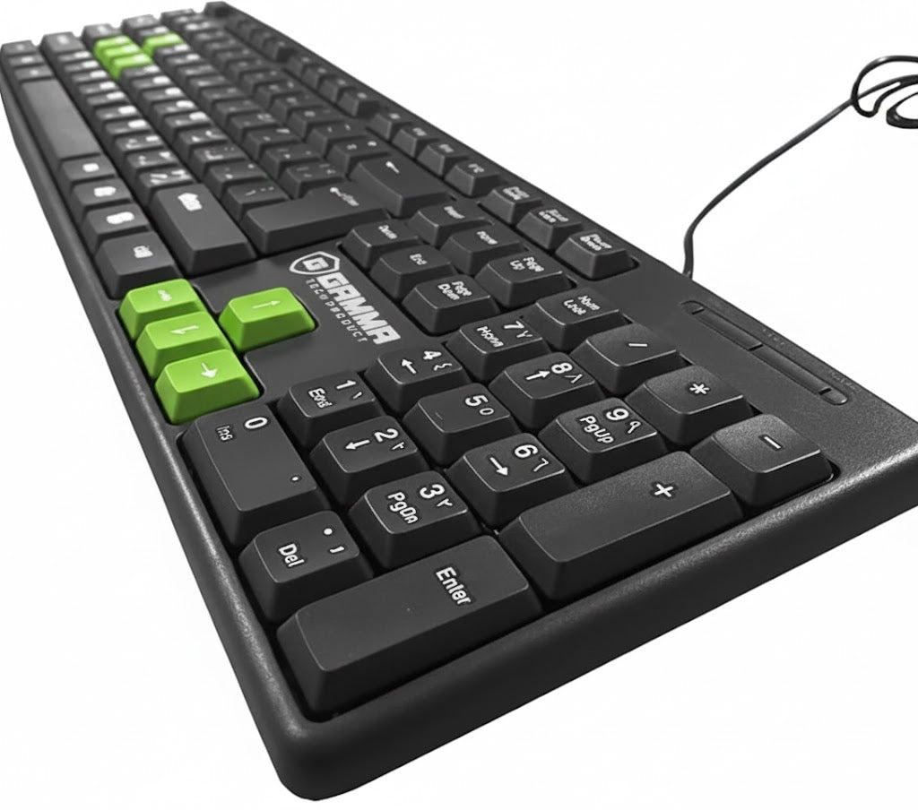 Black keyboard with green escape key on a white background