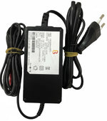 Black power adapter with label on a white background