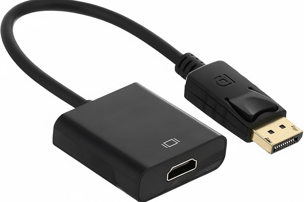 HDMI to DisplayPort adapter cable on a white background