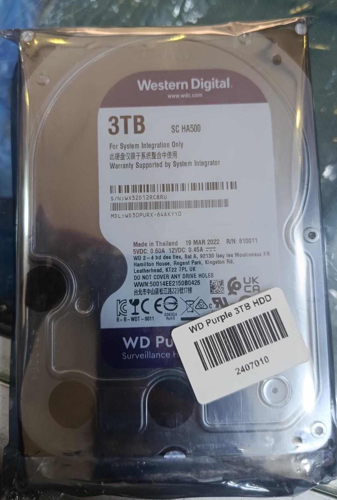 WD Purple 3TB surveillance HDD side view